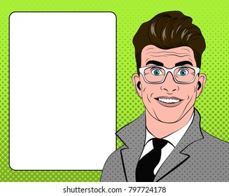 Smiling promo man. Intellectual. Pop art background. Vector illustration.