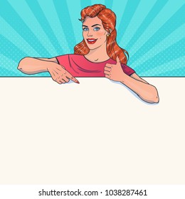 Smiling promo woman your advertising brand here. Pointing finger. Gestures thumbs up. Vector illustration in pop art style.