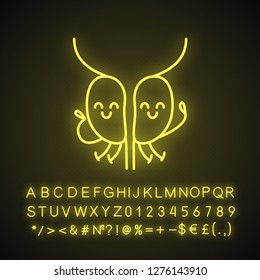 Smiling prostate gland character neon light icon. Men's health. Male reproductive system health. Glowing sign with alphabet, numbers and symbols. Vector isolated illustration