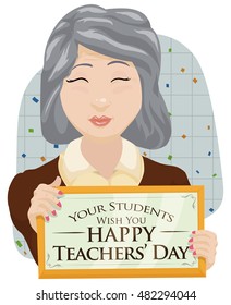 Smiling and proud female professor celebrating Teachers' Day with a placard from her students for her labor as educator.