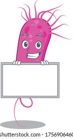 Smiling pseudomoa bacteria cartoon design style has a board