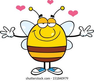 Smiling Pudgy Bee Cartoon Mascot Character With Open Arms For Hugging