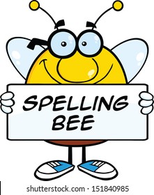 Smiling Pudgy Bee Cartoon Mascot Character Holding A Banner With Text