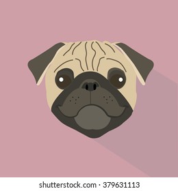 Smiling pug dog head vector with long shadow