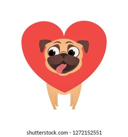 Smiling pug with heart. Funny vector cartoon flat illustration. Happy Valentine's day.