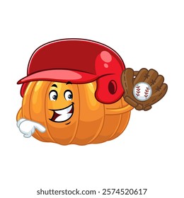 Smiling Pumpkin Baseball Player Mascot.