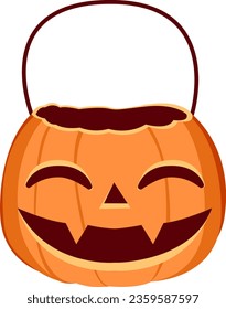 Smiling Pumpkin Bucket - Halloween Candy Holder Isolated : An empty pumpkin-shaped bucket designed for holding candy during Trick or Treat on Halloween. The pumpkin features a carved smiling face.