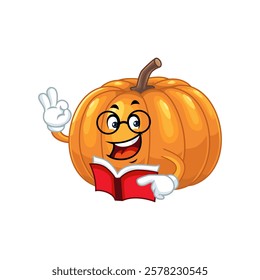 Smiling pumpkin cartoon character reading a book.