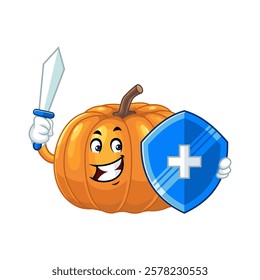 Smiling Pumpkin Cartoon Character with Sword and Shield.