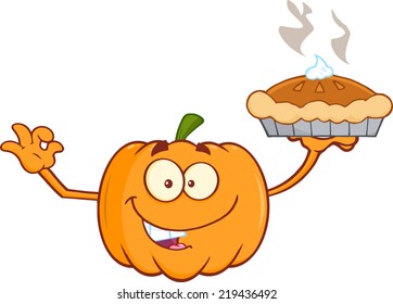 Smiling Pumpkin Cartoon Mascot Character Holding Perfect Pie