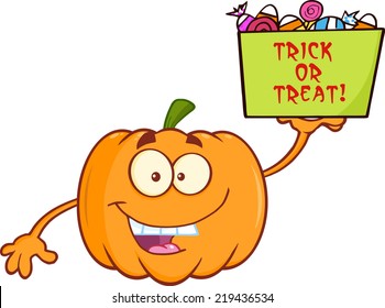Smiling Pumpkin Cartoon Mascot Character Holds A Box With Candy And Text