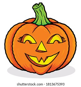 Smiling pumpkin cartoon on white background. Perfect for Halloween, autumn, and spooky season designs. Vector illustration with organized elements in well-defined layers and groups.