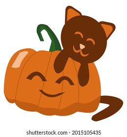 Smiling pumpkin with cat Cartoon vector illustration on white background