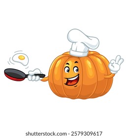 Smiling Pumpkin Chef Cooking Egg.