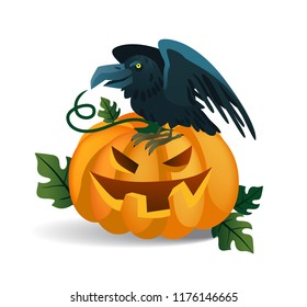 Smiling pumpkin and crow sitting on it. Halloween cartoon characters isolated flat vector illustration. Halloween party concept.