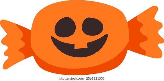 Smiling pumpkin face adorning an orange Halloween candy wrapper, creating a festive touch for trick or treaters or party favors during the spooky autumn celebration