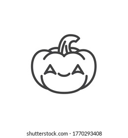Smiling pumpkin face with smiling eyes emoji line icon. linear style sign for mobile concept and web design. Happy halloween pumpkin emoticon outline vector icon. Symbol, logo illustration. 