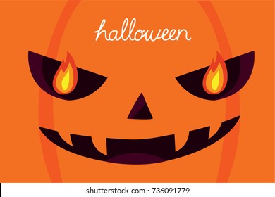 Smiling pumpkin face with fire in his eyes on orange pumpkin texture background for Halloween theme