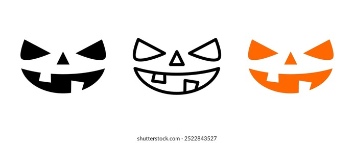 Icono de cara de calabaza sonriente. Ilustración vectorial de silueta de cara de miedo. Símbolo de cara malvada de Halloween. Señal de sonrisa espeluznante. Concepto de emoción fantasma de terror de dibujos animados aislado.