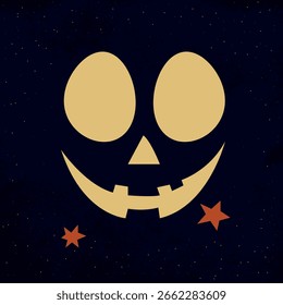 Ilustración sonriente de la cara de calabaza. Linda ilustración de la cara de calabaza con estrellas, en un estilo vintage plano. Ideal para estampados e invitaciones con temática de Halloween.