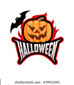 Smiling pumpkin in flame on white background and fly the mouse over the word Halloween . 