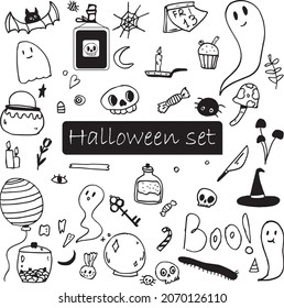 Ilustraciones sonrientes y de calabaza Halloween: conjunto de fantasmas, gatos, murciélagos, caramelos iconos de brujas de vacaciones esqueleto velas mosquiteras