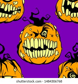 Smiling pumpkin  Halloween seamless pattern. Design background for party poster. Hand drawn cartoon illustration. Objects isolated over purple.