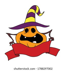 Calabaza sonriente en un sombrero sosteniendo una cinta. Diseño de vectores para carteles y tarjetas de Halloween