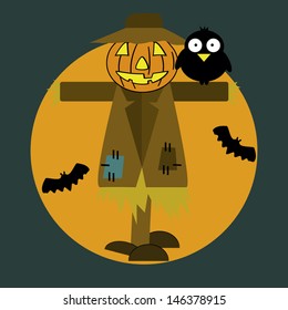 smiling pumpkin head scarecrow with a black owl and two bats flying over an orange background.