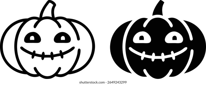 Smiling Pumpkin Icon Set – Black and White Halloween Jack-o'-Lantern Vector Illustration