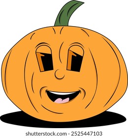 Smiling pumpkin with large eyes and a green stem, perfect for Halloween designs, autumn decorations, festive social media posts.