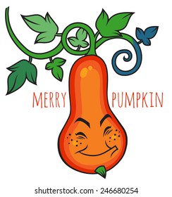 Smiling pumpkin with leaves and twigs - vector character