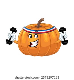 Smiling Pumpkin Lifting Weights Illustration.