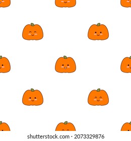 Lächelndes Kürbismuster. Fröhliche Herbsternte von orangefarbenem Gartengemüse auf weißem Hintergrund. Baby nahtlose Ornament mit süßen kawaii Zeichen. Ich bin ein netter Cartoon-Gesicht. Flaches Bild mit Umriss.