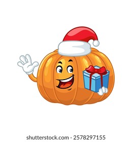 Smiling pumpkin in Santa hat holding gift.