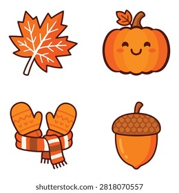 Smiling pumpkin sits as the bright fall icon among seasonal symbols showing playful autumn mood