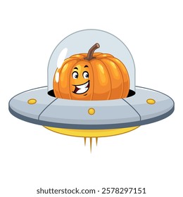 Smiling Pumpkin in UFO Illustration.