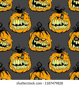 Smiling pumpkin vector Halloween seamless pattern. Design background for party poster. Hand drawn cartoon illustration. Objects isolated over grey.