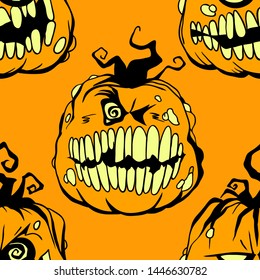 Smiling pumpkin vector Halloween seamless pattern. Design background for party poster. Hand drawn cartoon illustration in black and orange.