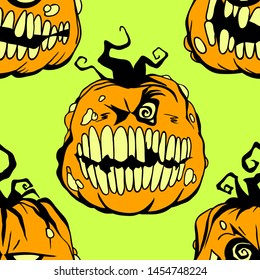 Smiling pumpkin vector Halloween seamless pattern. Design background for party poster. Hand drawn cartoon illustration. Objects isolated over acid green.