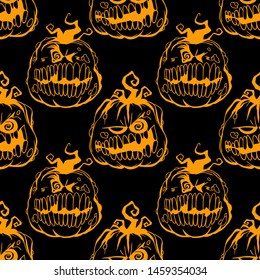 Smiling pumpkin vector Halloween seamless pattern. Design background for party poster. Hand drawn cartoon illustration in black and orange.