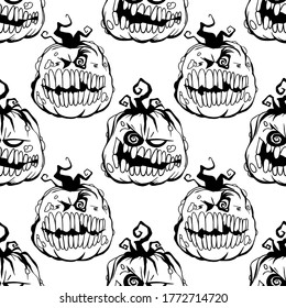 Smiling pumpkin vector Halloween seamless pattern in black and white. Design background for party poster. Hand drawn cartoon illustration.