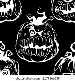 Smiling pumpkin vector Halloween seamless pattern in black and white. Design background for party poster. Hand drawn cartoon illustration.