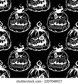 Smiling pumpkin vector Halloween seamless pattern in black and white. Design background for party poster. Hand drawn cartoon illustration.