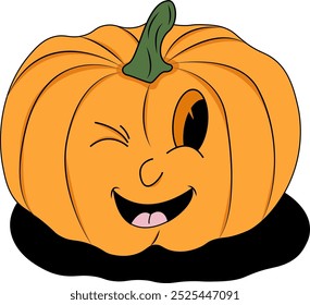 Abóbora sorridente com um olho piscando e língua para fora. Ideal para decorações de Halloween, cartões de felicitações, posts de mídias sociais e convites.