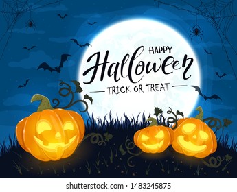 Smiling pumpkins and lettering Happy Halloween on moon background. Holiday card with Jack O' Lanterns, bats and spiders. Illustration can be used for holiday cards, invitations and banners.