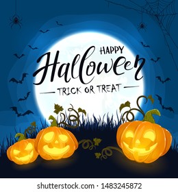 Smiling pumpkins and Moon with lettering Happy Halloween on blue night background. Holiday card with Jack O' Lanterns, bats and spider. Illustration can be used for cards, invitations and banners.