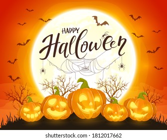 Smiling pumpkins on orange Halloween background with full moon. Card with Jack O' Lanterns, bats and spiders. Illustration can be used for children's holiday design, cards, invitations and banners