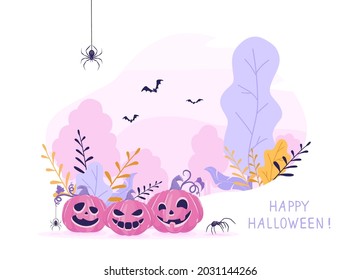 Calabazas sonrientes sobre fondo rosado de Halloween. Cartel con las linternas de Jack O', murciélagos y arañas. La ilustración en colores pastel se puede utilizar para el diseño de vacaciones para niños, tarjetas, invitaciones y pancartas