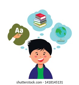 Smiling Pupil with Black Hair on White Background. Study Letters and Alphabet. First Teacher. Pupil in Classroom Vector Illustration. School Uniform. White Background Icon and Text. Training at School